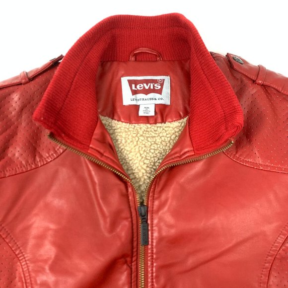 Levis Faux Red Leather Fleece Lined Truckers Jacket Medium - Picture 4 of 13